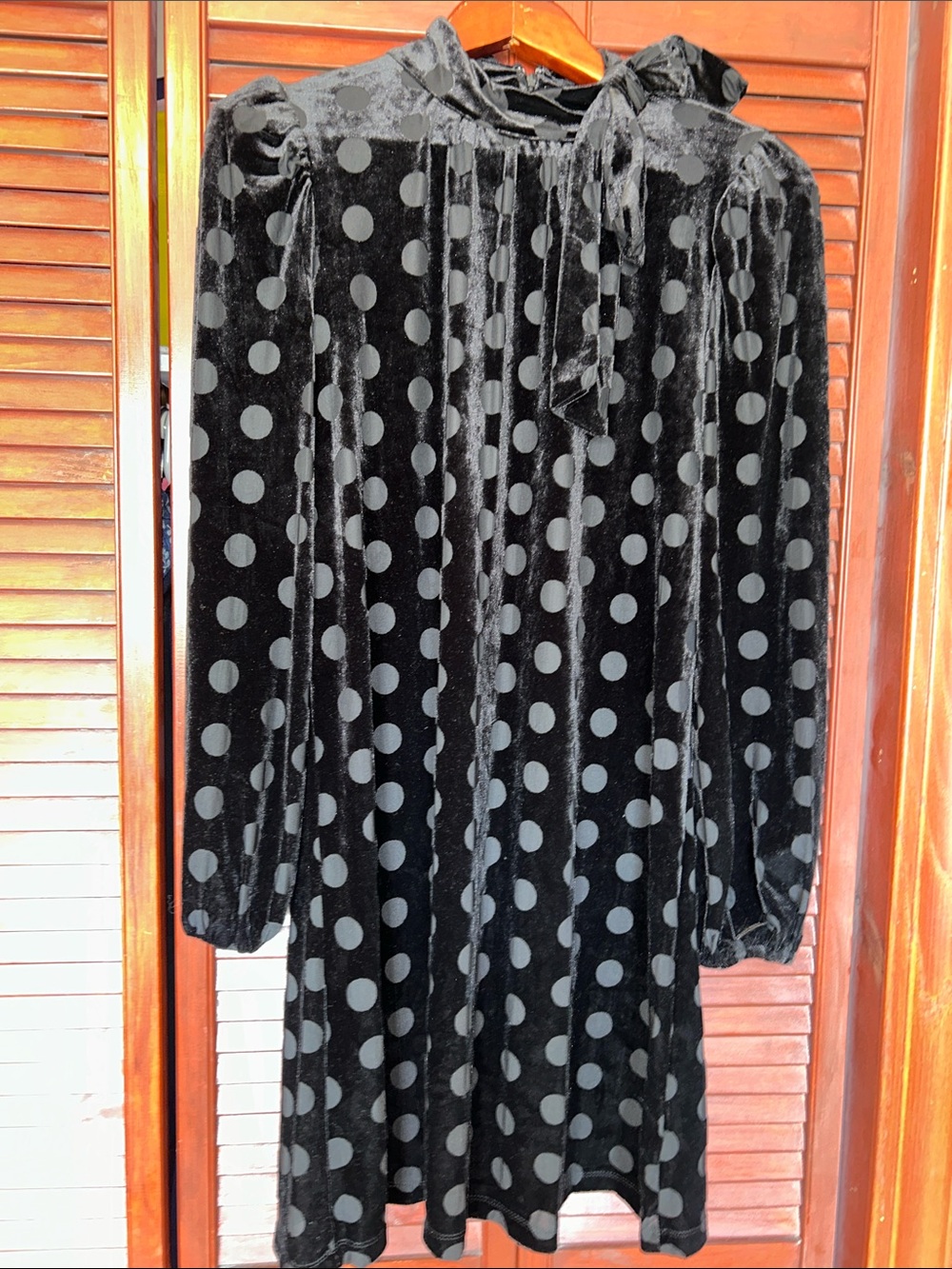 Calvin Klein Black Velvet Polka-Dot Bow-Neck Dress. Size 8